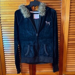 PINK Victoria's Secret Black Jacket with Faux Fur Hood